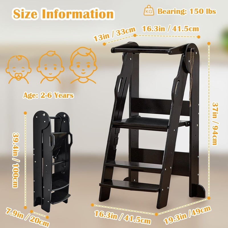 FUNLIO Foldable Kitchen Step Stool for Kids 2-6 Years, Montessori Step Stool, 3-Level Height Adjustable Standing Tower, Easy to Assemble, CPC & CE,Black - Image 5