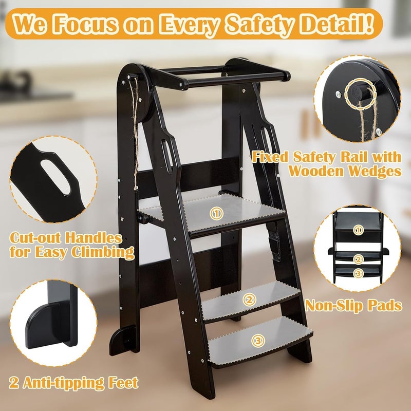 FUNLIO Foldable Kitchen Step Stool for Kids 2-6 Years, Montessori Step Stool, 3-Level Height Adjustable Standing Tower, Easy to Assemble, CPC & CE,Black - Image 4