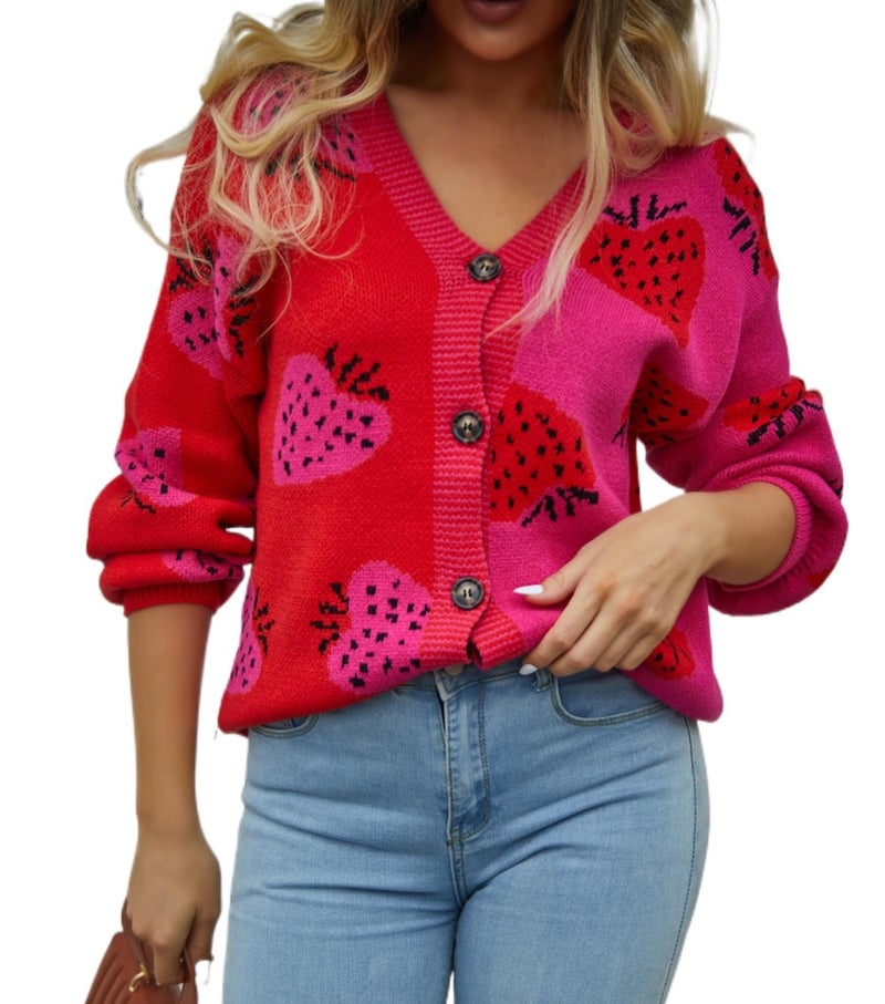 Sumleno Women's Cute Strawberry Graphic Cardigan Sweaters Button Down Color Block Knit Jacket Trendy Y2K Aesthetic Preppy Clothes (Red,L) - Image 1