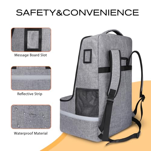 LARIPOP Car Seat Travel Bag for Airplane,Infant Seat Travel Bag with Shoulder Strap,Padded Car Seats Backpack with Reflective Stripes,Large Carseat Carrier Bag Travel Car Seat Cover,Grey - Image 3