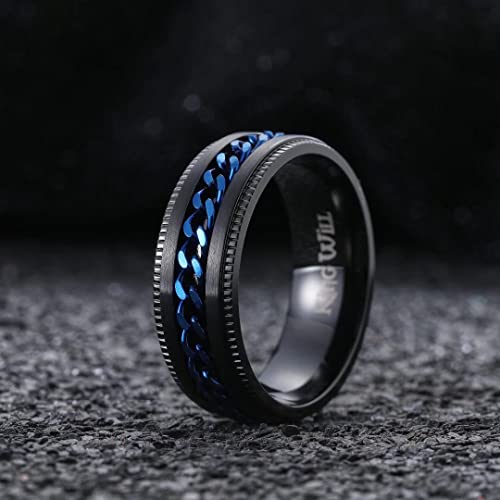 King Will Stainless Steel Men's Ring-8mm Black Fidget Spinner Ring with Blue Chain, 316L Stainless Steel Ring for Men Women with Stress Free, Cool Wedding Band Comfort Fit Size 13 - Image 2
