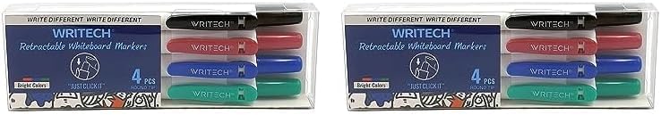 WRITECH Retractable Dry Erase Markers 4col: Fine Tip Assorted Colors Low Odor Multi Colored Set Kid Adult Refillable Clickable Multicolor Thin Point Whiteboard Marker (Pack of 2) - Image 1
