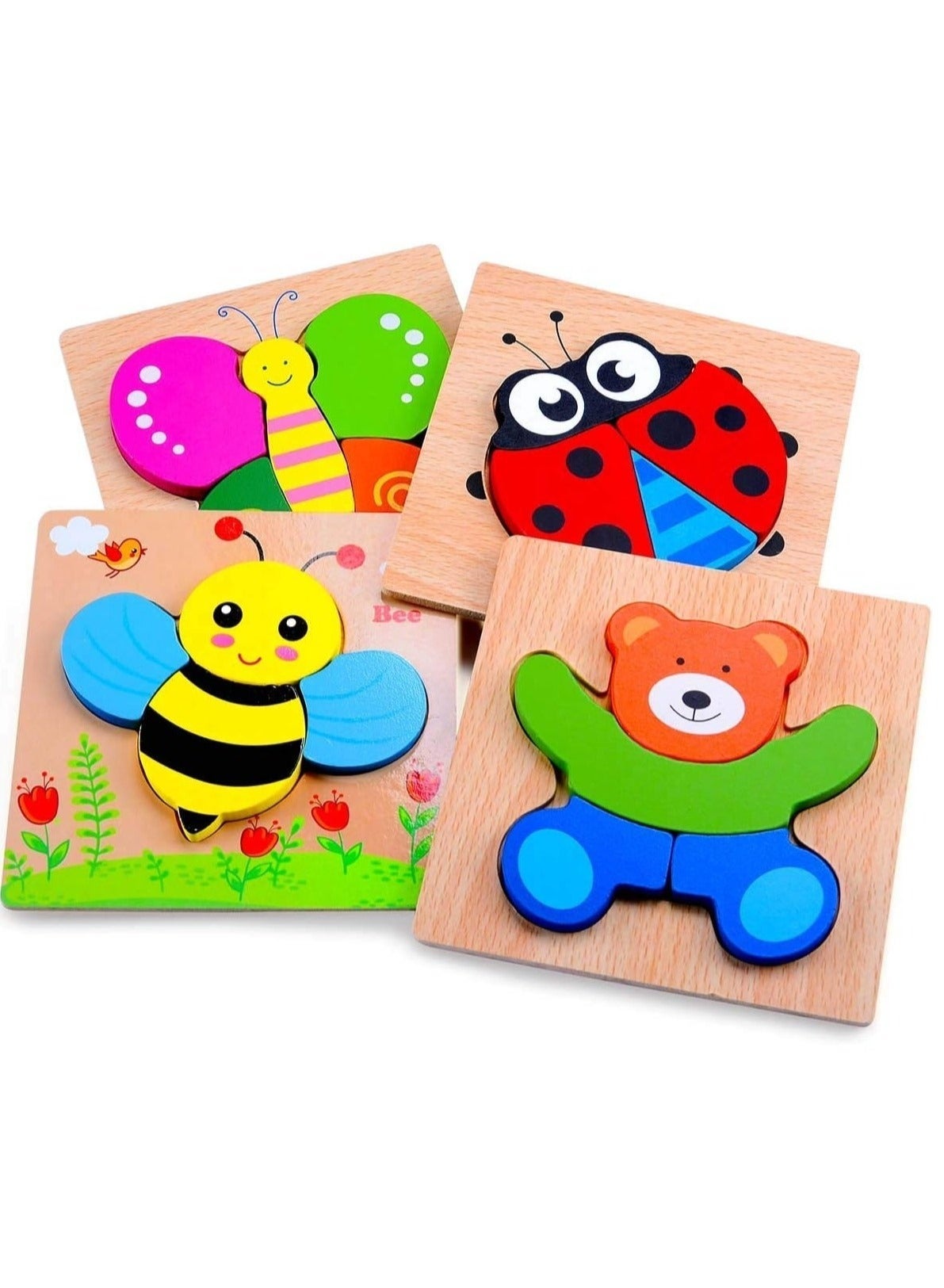 PlayTime Wooden Puzzles for Toddlers – Set of 4 Early Learning STEM Puzzles for Babies & Kids Ages 1–3 | Ladybug, Bear, Bee & Butterfly Educational Toy