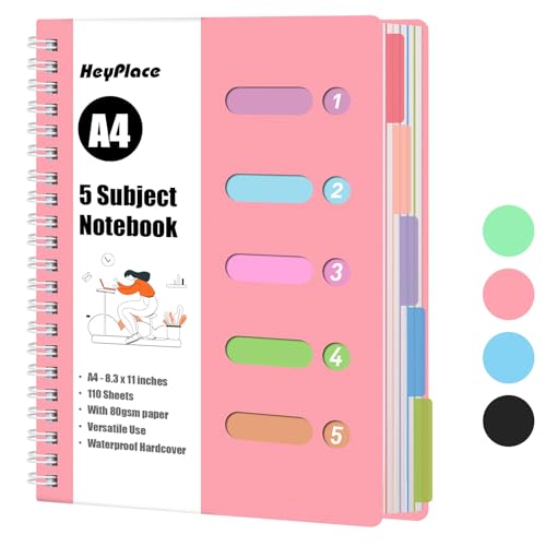 HEYPLACE Subject Notebook Wide Ruled, 8.3x11inch Hardcover 5 Subject Lined Spiral Notebook with Dividers Tabs for School Women Journal Note Taking Office Supplies, 220 Pages, Pink - Image 1
