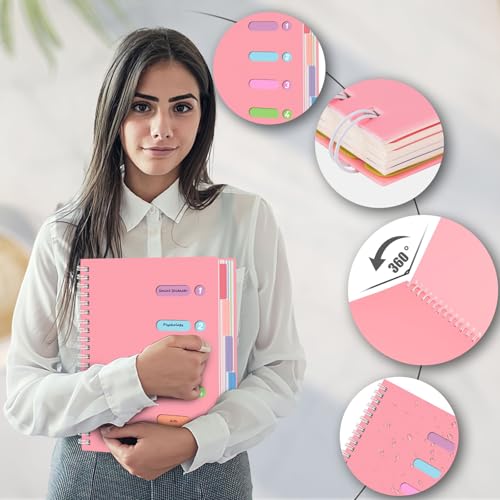 HEYPLACE Subject Notebook Wide Ruled, 8.3x11inch Hardcover 5 Subject Lined Spiral Notebook with Dividers Tabs for School Women Journal Note Taking Office Supplies, 220 Pages, Pink - Image 3