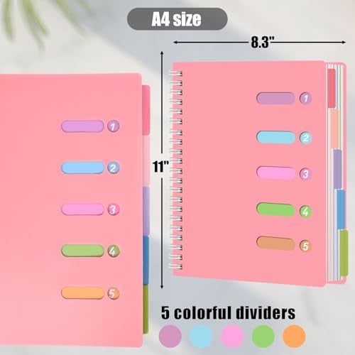 HEYPLACE Subject Notebook Wide Ruled, 8.3x11inch Hardcover 5 Subject Lined Spiral Notebook with Dividers Tabs for School Women Journal Note Taking Office Supplies, 220 Pages, Pink - Image 4