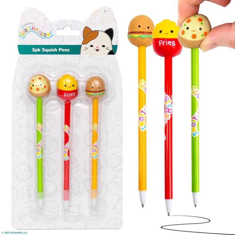 Squishmallows Original Squishy Pens  3 Pack  Cute School Supplies  Journaling  Carl the Cheeseburger  Pep the Pizza  Floyd the French Fry - Image 1