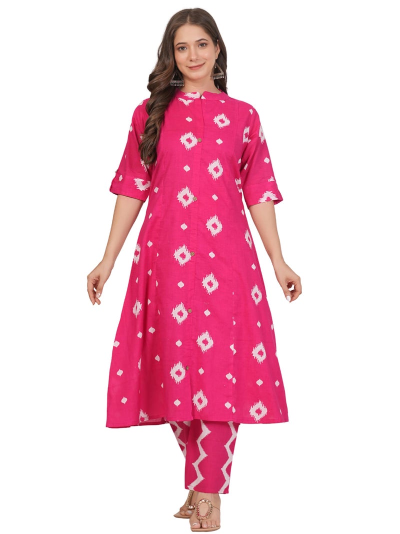 rytras Women's Pure Cotton Printed Ethnic Wear A-Line Kurta Set with Palazzo Pants(RYT664,Pink,S) - Image 1