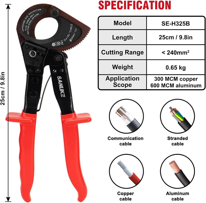 Sanuke Cable Cutters - Ratcheting Cable Cutters Heavy Duty for Electricians - Cutting Aluminum Copper Soft Wire up to 600MCM / 240mm² - Image 3
