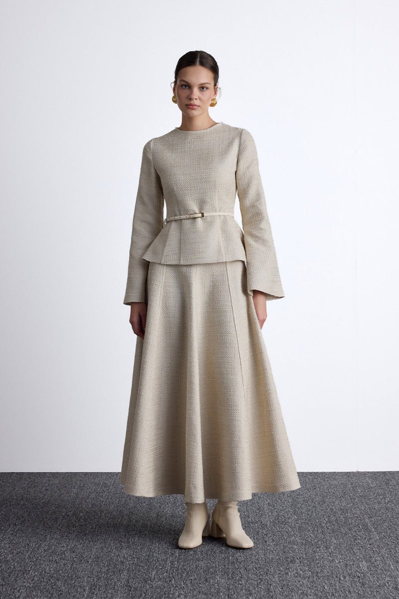 Manuka Peplum Detailed Tweed Blouse Beige  - Image 1