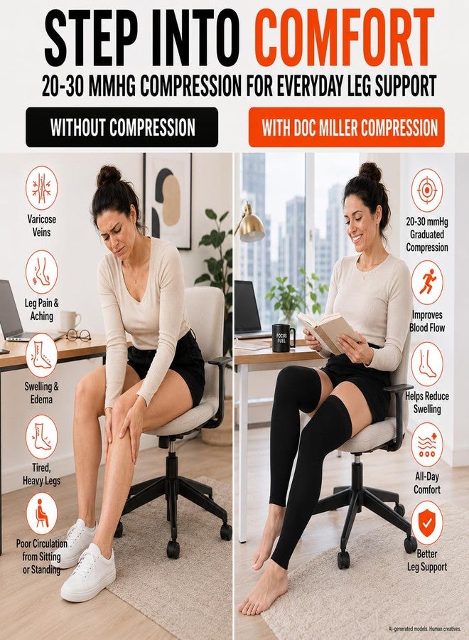 Doc Miller Thigh High Compression Socks 20-30 mmHg, Footless Compression Stockings for Women & Men, Over Knee Support Hose for Swelling, Tired Legs, Varicose Veins, Travel, Work & Pregnancy, 1 Pair - Image 4