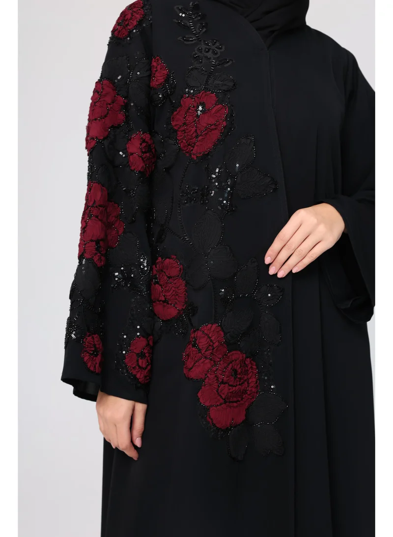 Ikkxa  Embroidery Red Roses Beaded Abaya ABY1122 for Women | Best Price UAE