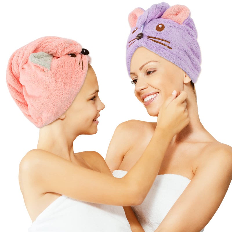 Whaline 2 Pack ParentChild Quick Dry Hair Towel Cute Mouse Hair Towel Wrap Purple Pink Cotton Hair Turban Towels Super Absorbent Hair Drying Towel for Women Parent Kids Curly Long Thick Hair