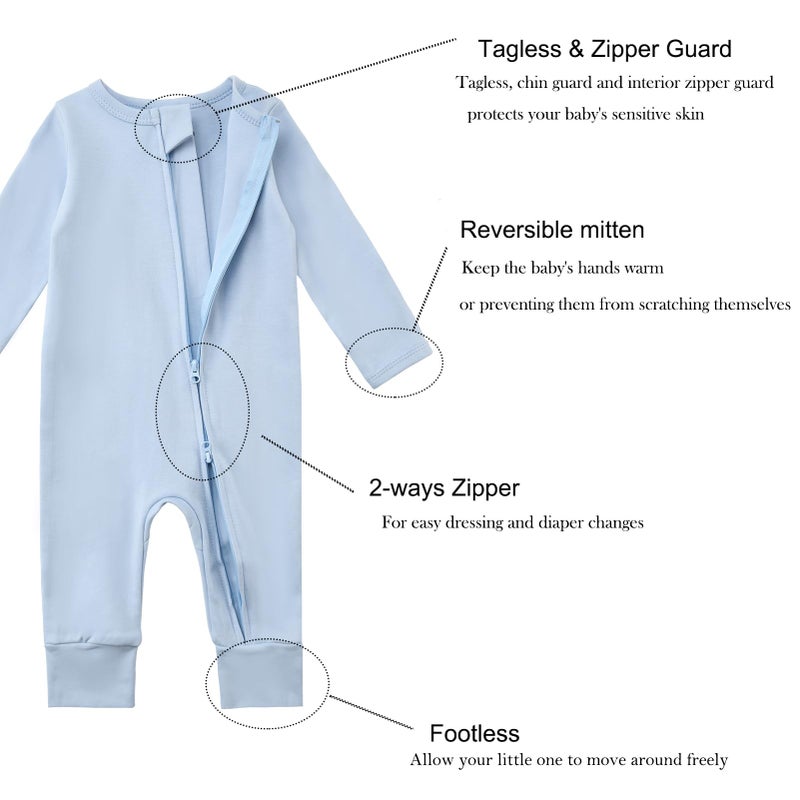 Aablexema 3-Pack Organic Cotton Baby Footless Pajamas with Mitten Cuffs, 2-Way Zipper Infant Romper Outfit(Blue Set,6-12m) - Image 3