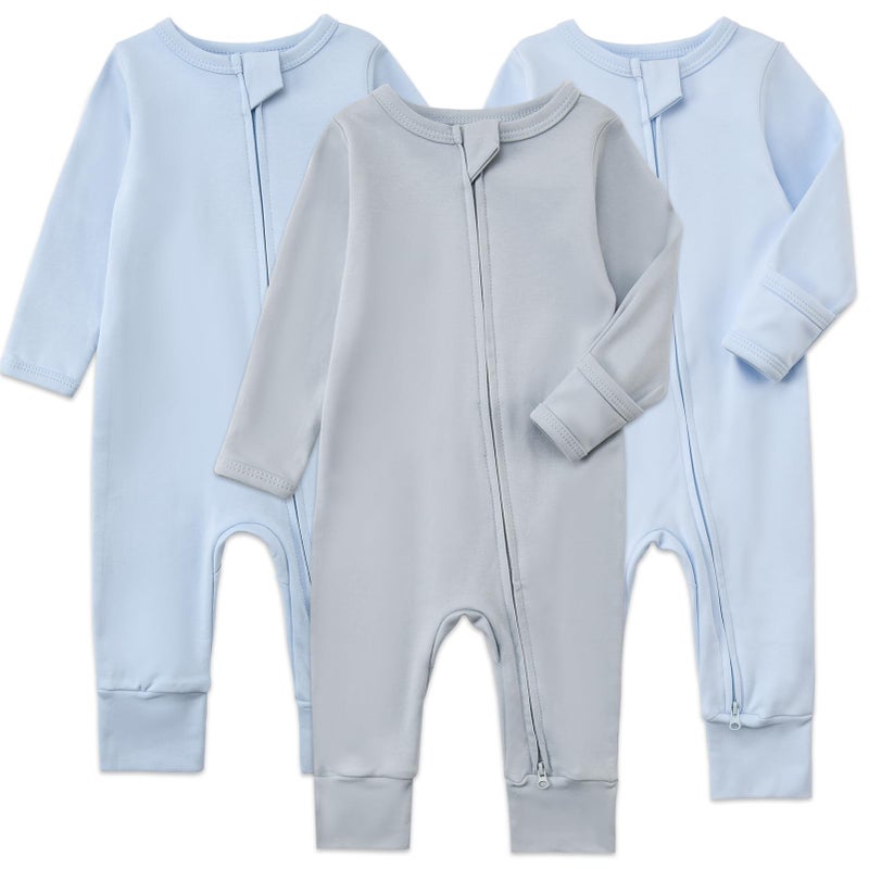 Aablexema 3-Pack Organic Cotton Baby Footless Pajamas with Mitten Cuffs, 2-Way Zipper Infant Romper Outfit(Blue Set,6-12m) - Image 1