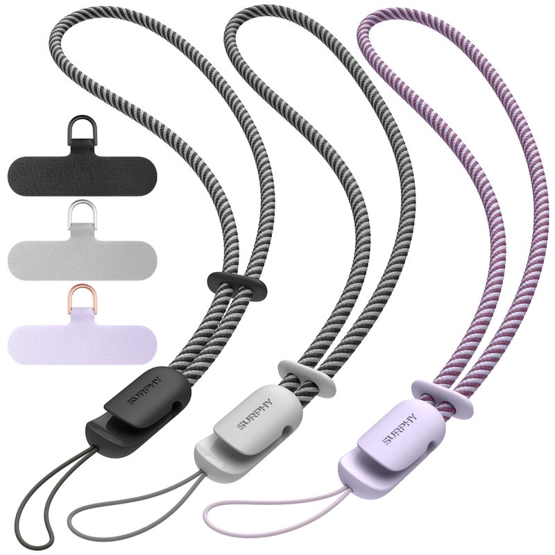 SURPHY 3 Pack Phone Wrist Strap with CellPhone Tether Tab, Cellphone Lanyard, Anti Theft Phone Strap with 2-Color Braided, Wrist Lanyard for Women and Men, Black & Lilac & Gray - Image 1