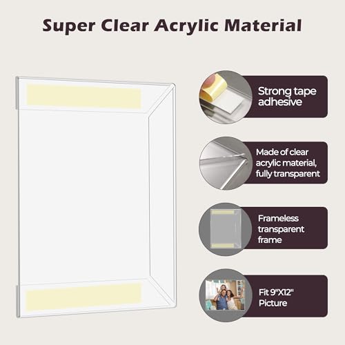 Wbtran 9 x 12 Acrylic Picture Frame, Horizontal/Vertical Clear Photo Frame for Wall with Tape, No Drilling Floating Hanging Frameless Picture Frame, Wall Mount Sign Holder for Home, School, Office - Image 4