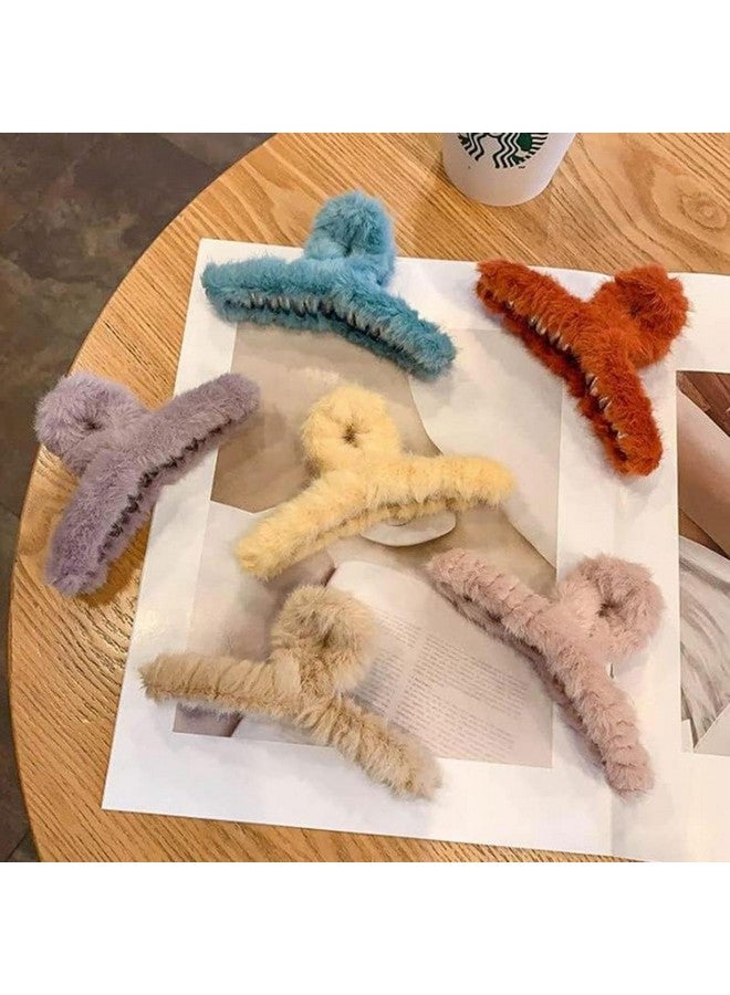 DN Creation Set of 6 Cute Soft Faux Rabbit Fleece Fur Curve, Non Slip Large Barrettes Large Fuzzy Hair Clips Claw/Clutcher,Hair Styling Accessories For Women & Girls - Random Color - Image 1