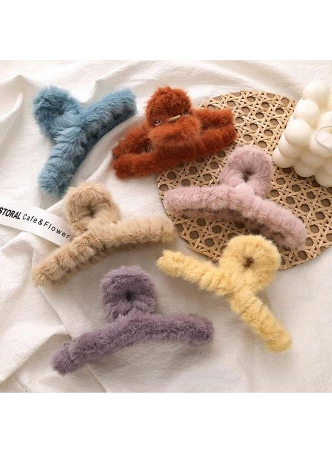 DN Creation Set of 6 Cute Soft Faux Rabbit Fleece Fur Curve, Non Slip Large Barrettes Large Fuzzy Hair Clips Claw/Clutcher,Hair Styling Accessories For Women & Girls - Random Color - Image 2
