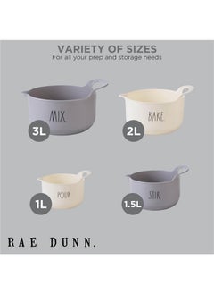 Rae Dunn Rae Dunn Non-Slip Mixing Bowls - 4 Piece Nesting Plastic Mixing Bowl Set with Pour Spouts and Handles-Measurement Markings (Grey)  - Image 3
