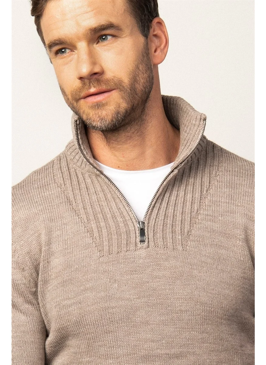 Tudors Men's Slim Fit Slim Fit Dobby Zippered Coffee Stand Collar Sweater