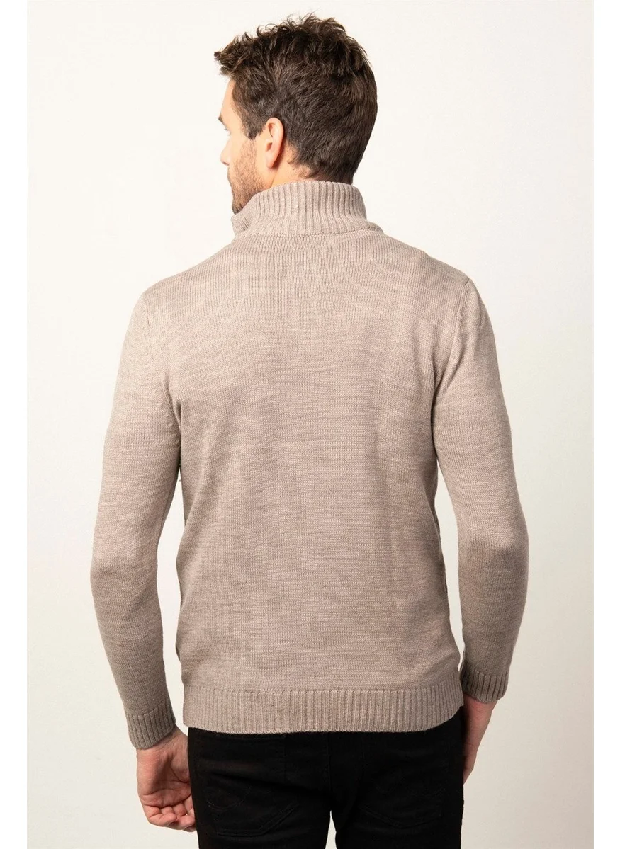 Tudors Men's Slim Fit Slim Fit Dobby Zippered Coffee Stand Collar Sweater