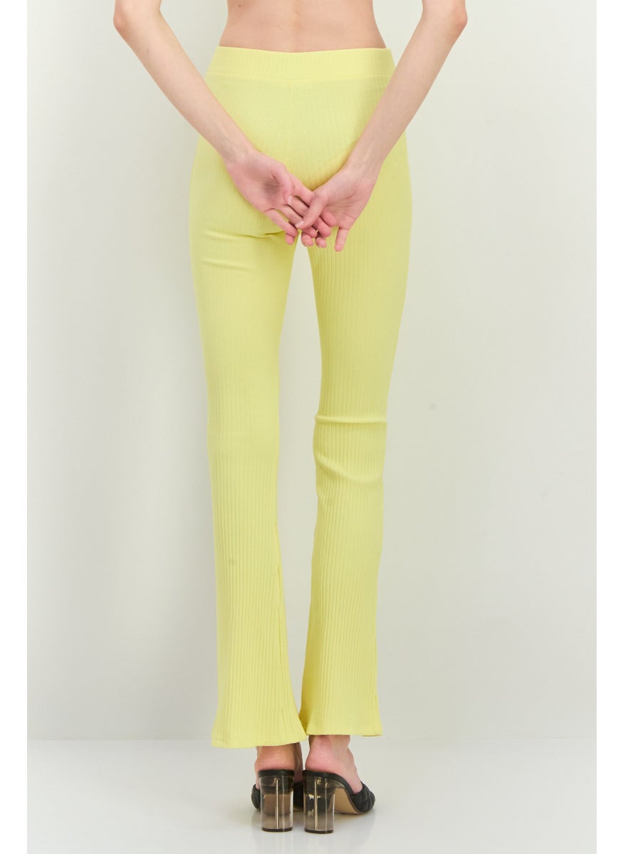 MANGO Women Regular Fit Ribbed Flare Leg Pants, Yellow  - Image 3