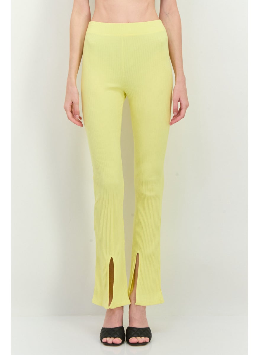 MANGO Women Regular Fit Ribbed Flare Leg Pants, Yellow  - Image 1