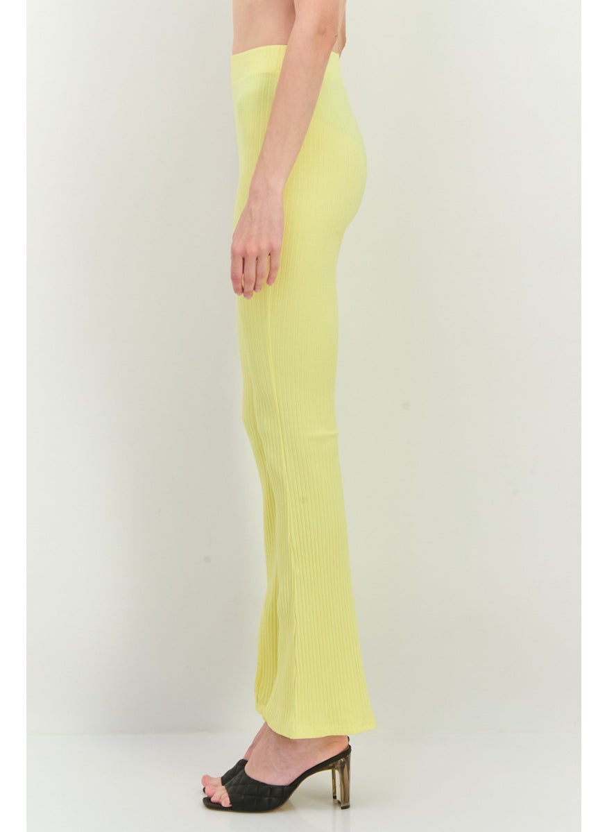 MANGO Women Regular Fit Ribbed Flare Leg Pants, Yellow  - Image 2