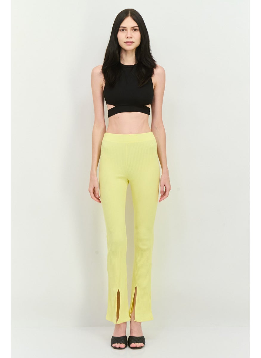 MANGO Women Regular Fit Ribbed Flare Leg Pants, Yellow  - Image 4