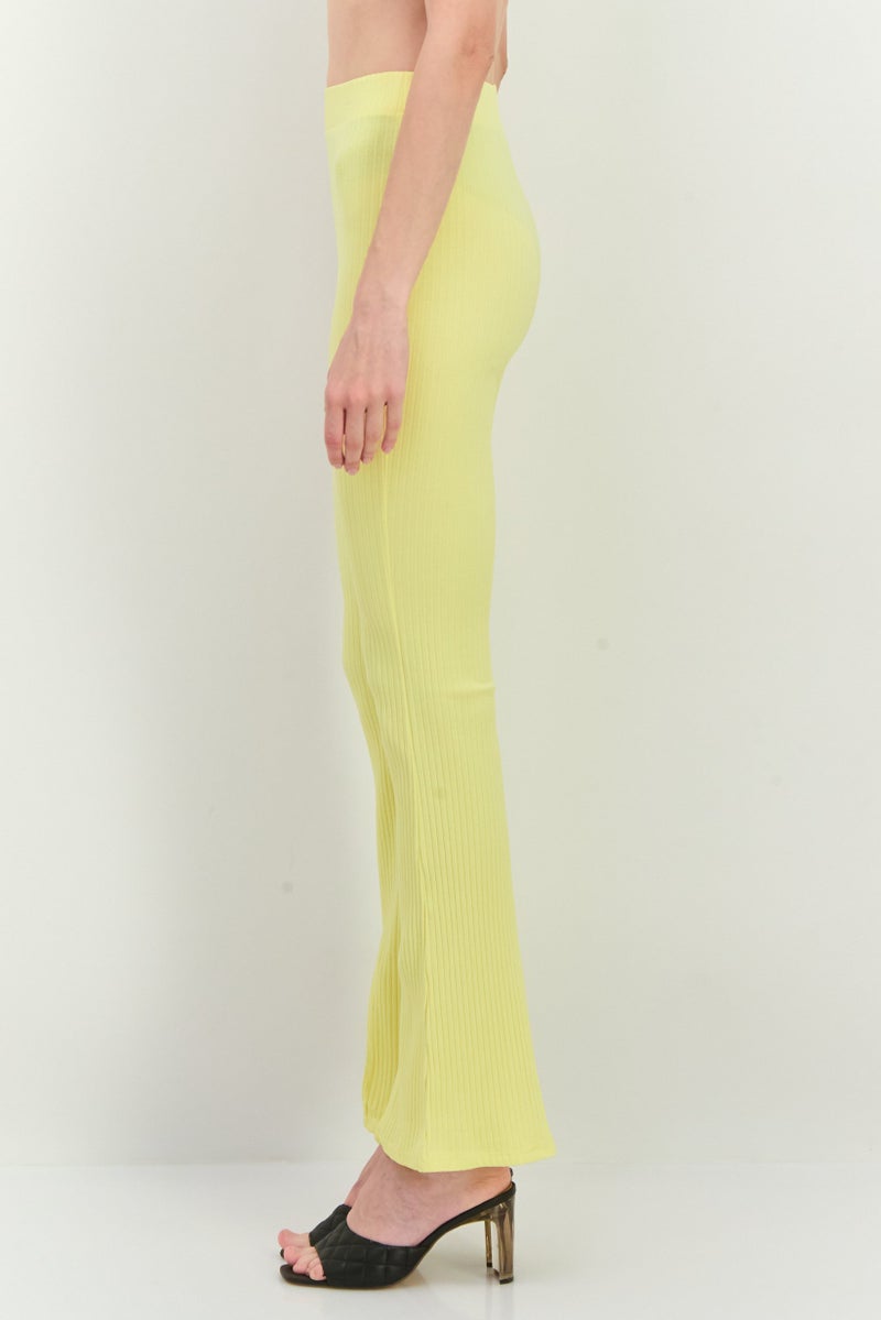 MANGO Women Regular Fit Ribbed Flare Leg Pants, Yellow - Image 2