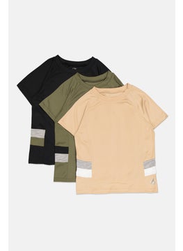 Kids Boy 3Pcs Colorbock Short Sleeve T-shirts , Beige/Olive/Black