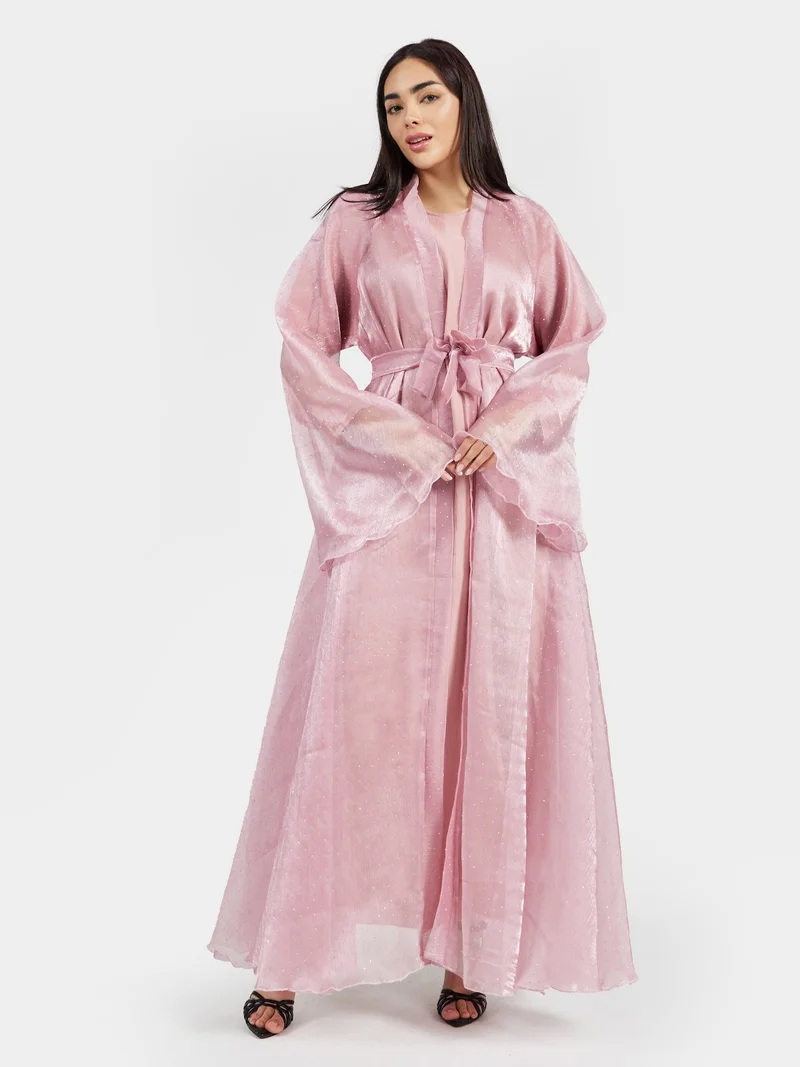Reem Abayas Rose Pink Metallic Shimmer Party Wear Abaya