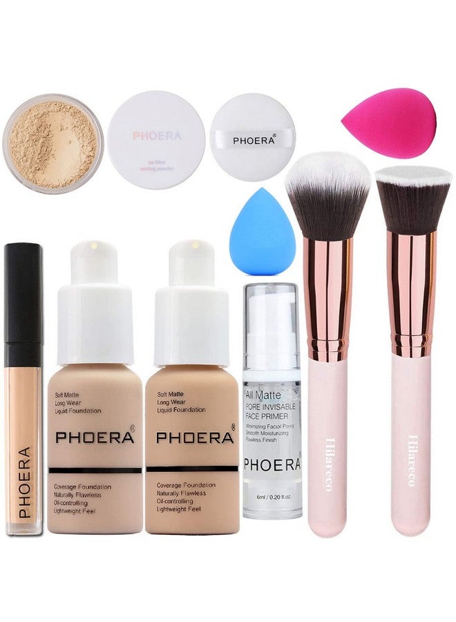 Hilareco PHOERA Foundation,Full Coverage Foundation,PHOERA Primer,PHOERA Powder,PHOERA Concealer PHOERA Makeup Set, Kabuki Makeup Brushes Foundation Brush Powder Brush,2 Makeup Sponge(2PCS 102- Nude) - Image 1