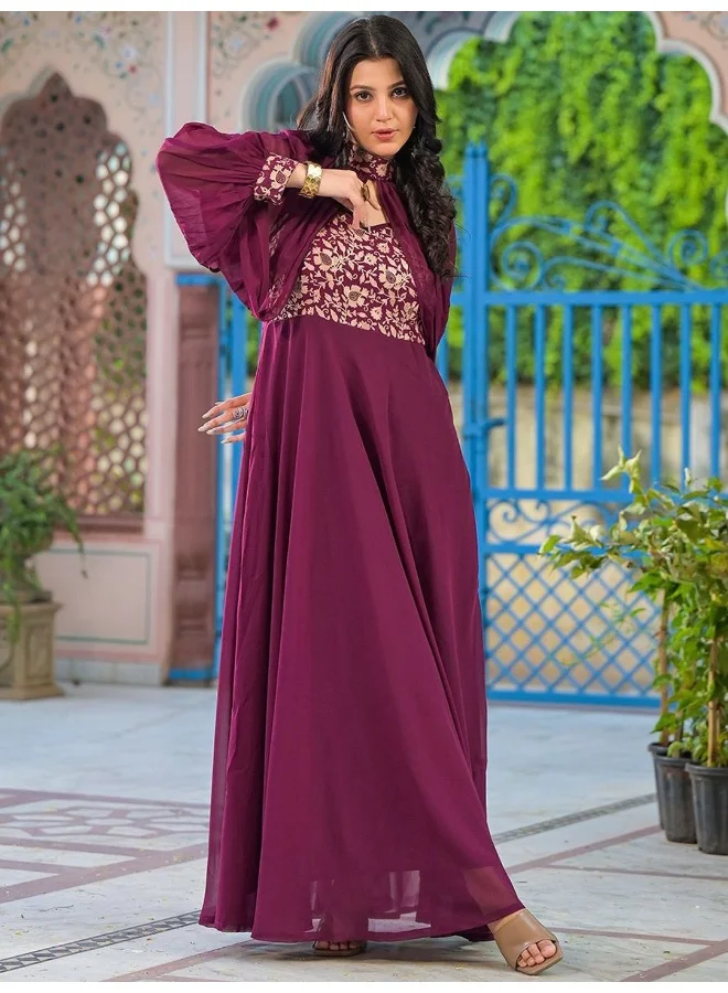 AKS Wine Maxi Dress With Flared Sleeve