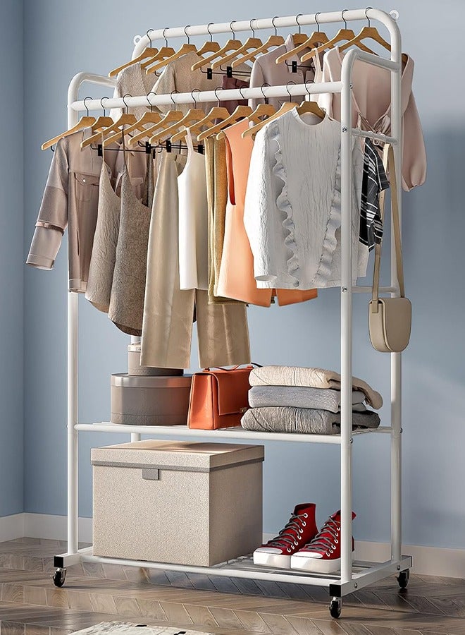 Loquat Clothes Rail on Wheels, Clothing Rails Double Coat Racks Clothing Garment Rack Coat Rail with Top Rod Organizer Lower Storage Shelf, White - Image 1
