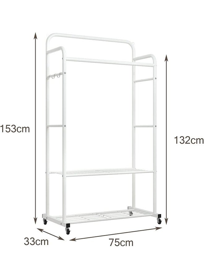 Loquat Clothes Rail on Wheels, Clothing Rails Double Coat Racks Clothing Garment Rack Coat Rail with Top Rod Organizer Lower Storage Shelf, White - Image 2
