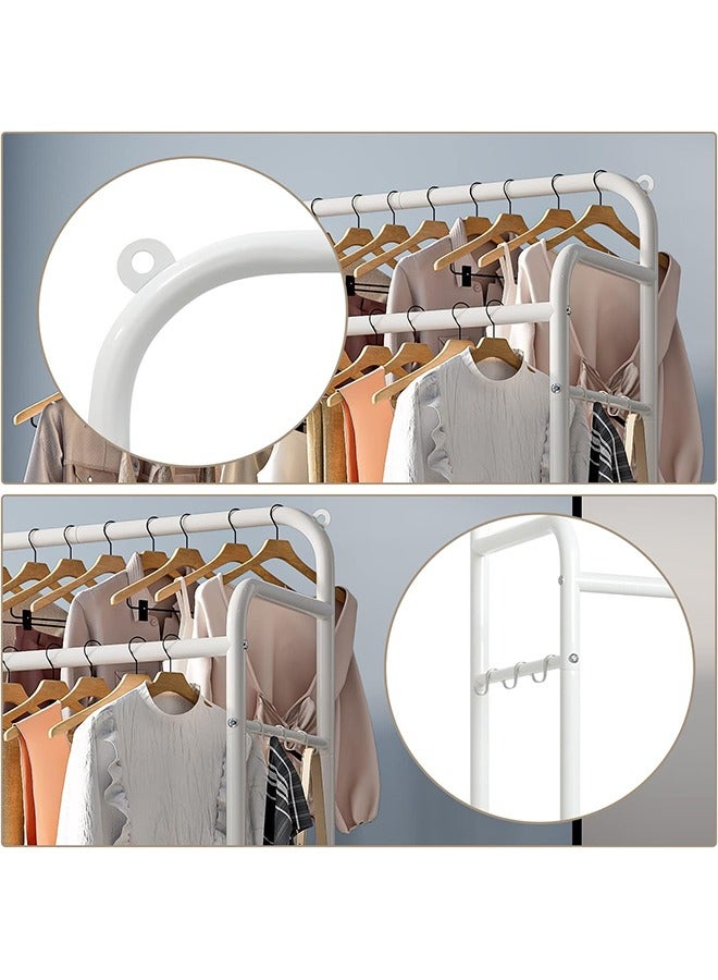 Loquat Clothes Rail on Wheels, Clothing Rails Double Coat Racks Clothing Garment Rack Coat Rail with Top Rod Organizer Lower Storage Shelf, White - Image 4