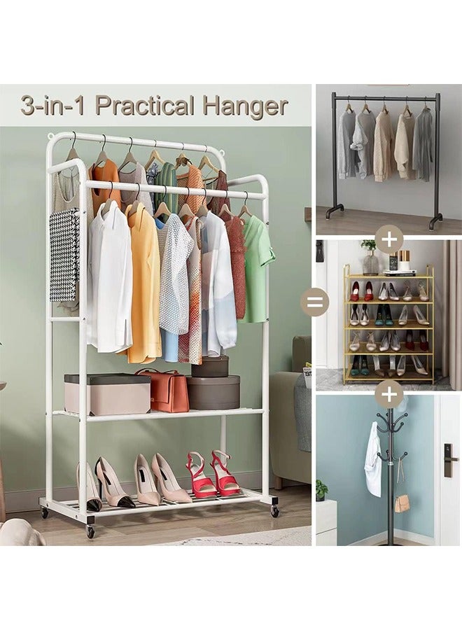 Loquat Clothes Rail on Wheels, Clothing Rails Double Coat Racks Clothing Garment Rack Coat Rail with Top Rod Organizer Lower Storage Shelf, White - Image 5