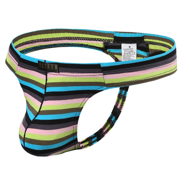 Colorful Milk Silk Striped Pouch Mens Low Rise Thong Black cotton  - Image 4