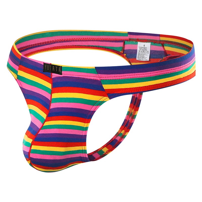 Colorful Milk Silk Striped Pouch Mens Low Rise Thong Black cotton  - Image 2