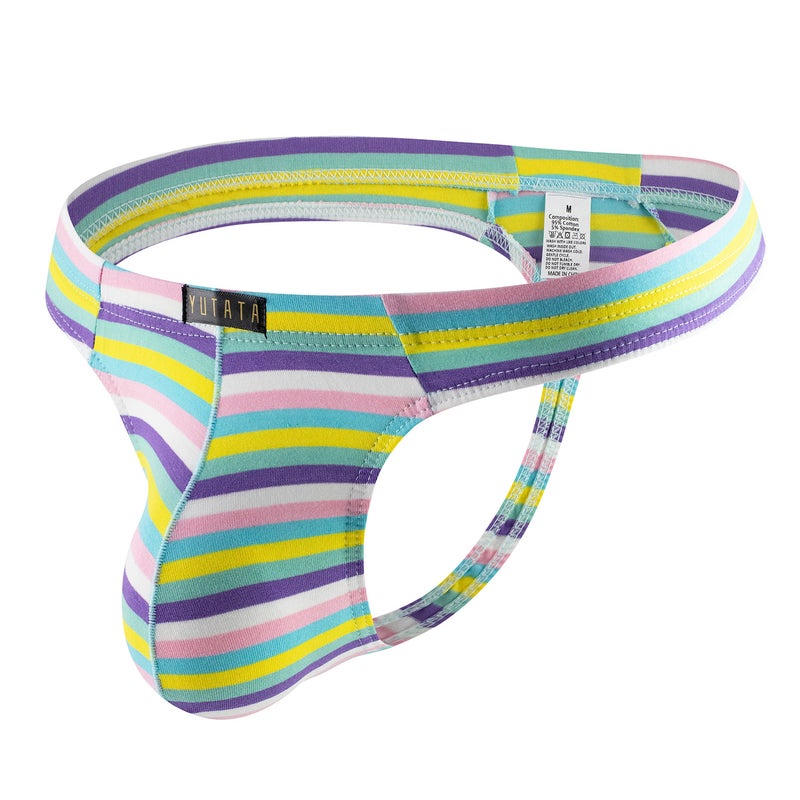 Colorful Milk Silk Striped Pouch Mens Low Rise Thong Black cotton  - Image 3