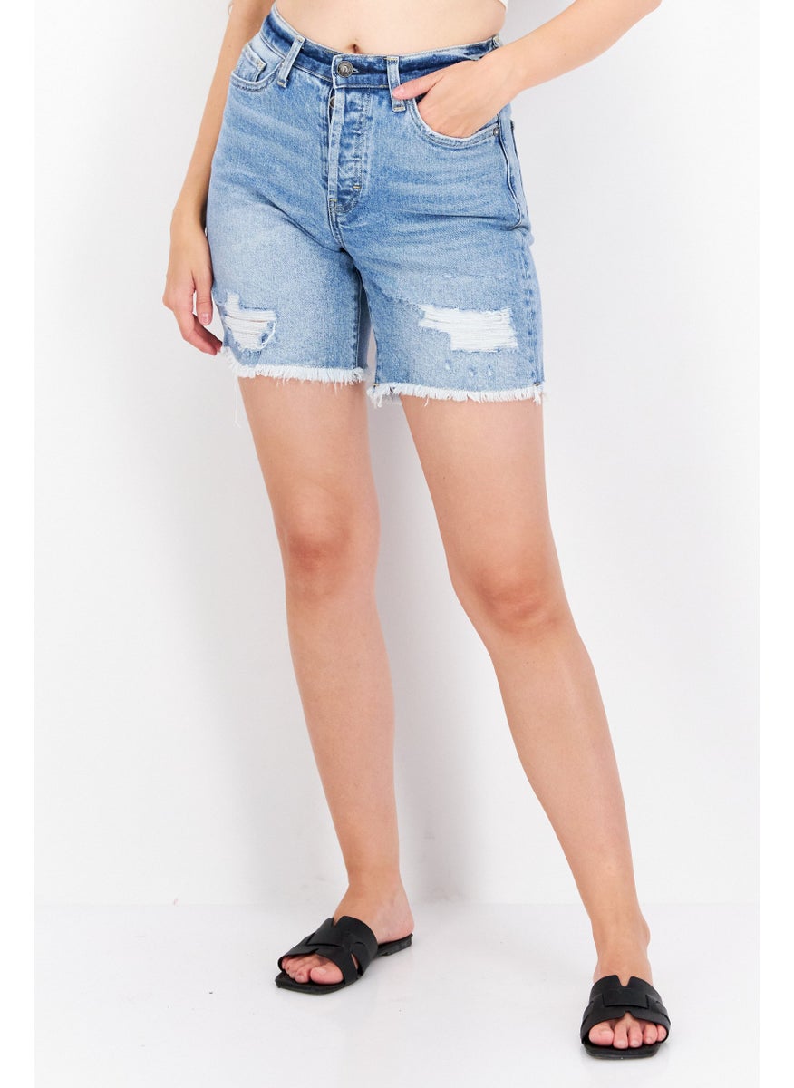 Earnest Sewn Women Washed Denim Short, Blue  - Image 1