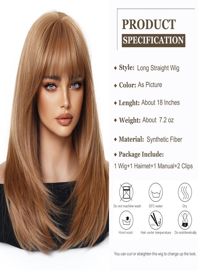 اسمي شعر مستعار إسمي طويل وناعم بلون أشقر فراولة للنساء مع غرة، شعر صناعي طبيعي للاستخدام اليومي والحفلات - Image 2