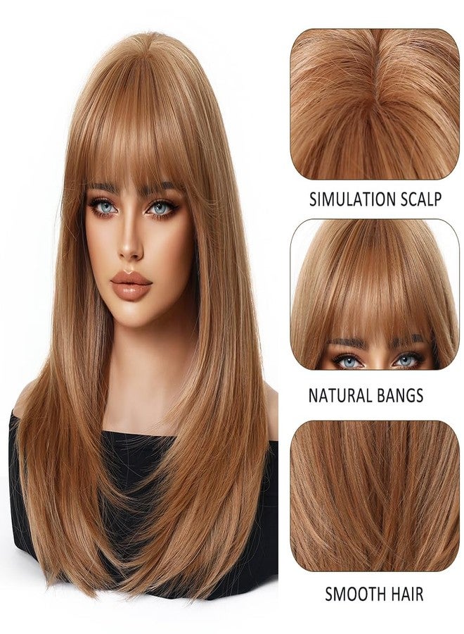 اسمي شعر مستعار إسمي طويل وناعم بلون أشقر فراولة للنساء مع غرة، شعر صناعي طبيعي للاستخدام اليومي والحفلات - Image 3