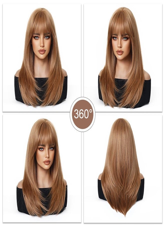 اسمي شعر مستعار إسمي طويل وناعم بلون أشقر فراولة للنساء مع غرة، شعر صناعي طبيعي للاستخدام اليومي والحفلات - Image 5