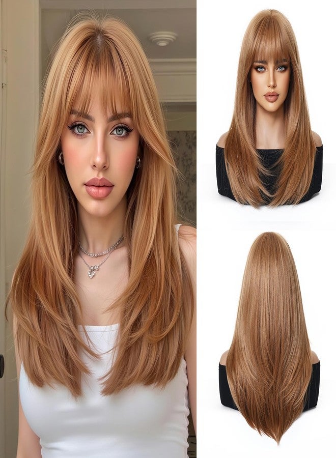 اسمي شعر مستعار إسمي طويل وناعم بلون أشقر فراولة للنساء مع غرة، شعر صناعي طبيعي للاستخدام اليومي والحفلات - Image 1