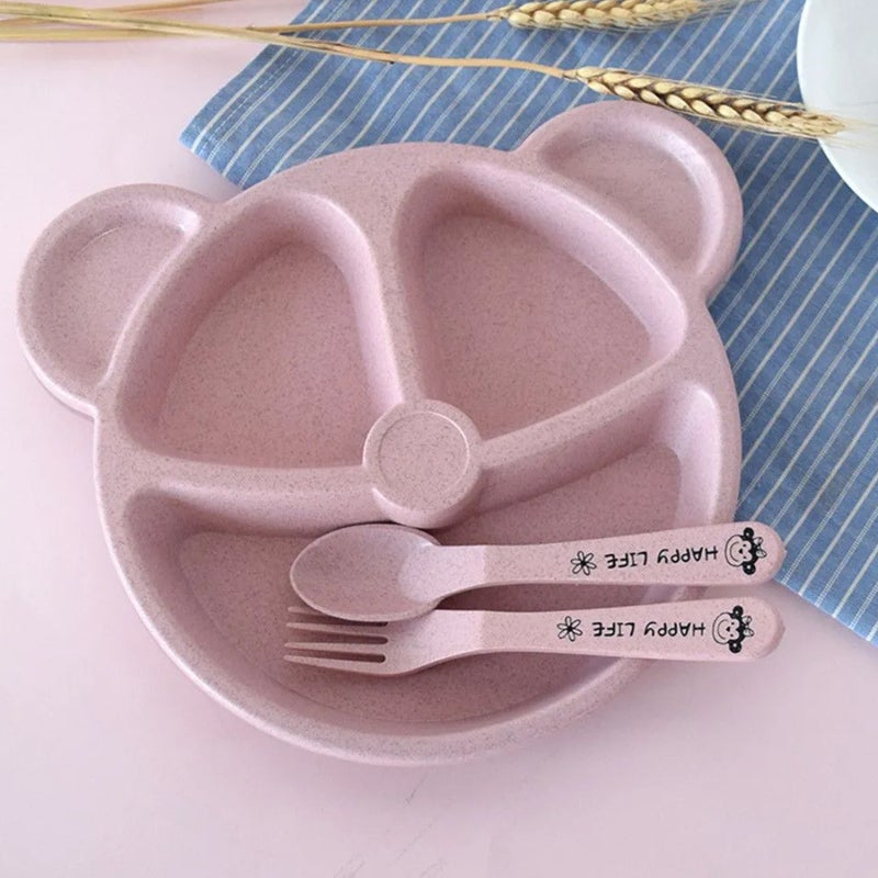 Children's Dinnerware 3-Piece Pink Set: Lightweight Durable Wheat Straw Material - Adorable Cartoon Bear Design for Toddler Home Mealtime Use - Image 1