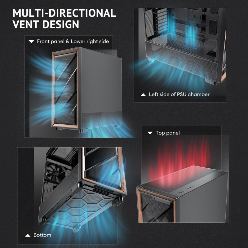 Antec Flux Wood, 5 x PWM Fans Included, High-Airflow Front Panel with Walnut Wood, Type-C, 420mm Radiator & Back Connect Motherboard Support, Up to 9 Fans Simultaneously, Mid-Tower E-ATX PC Case - Image 4
