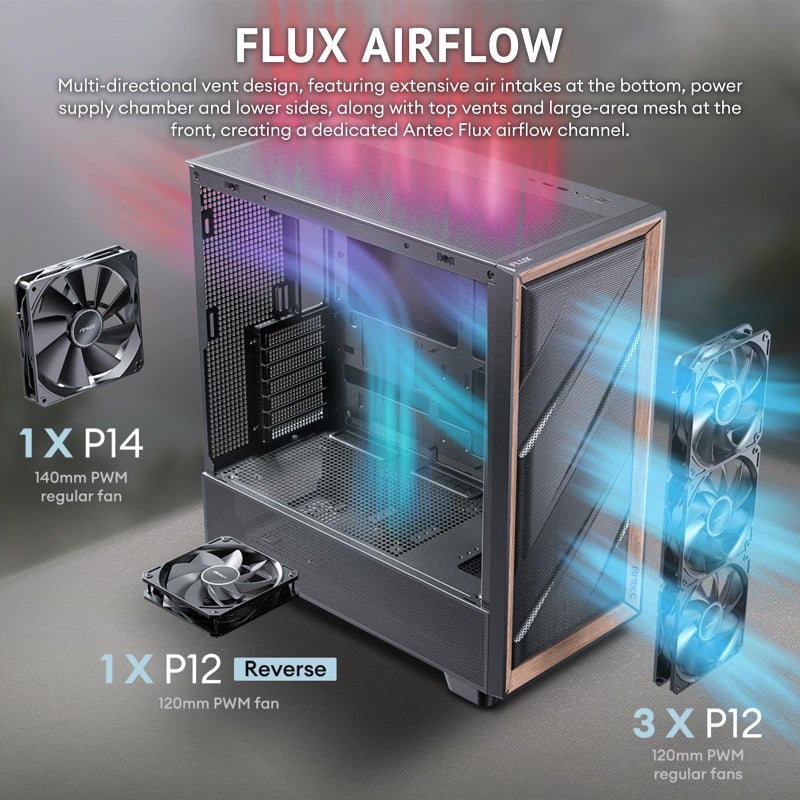 Antec Flux Wood, 5 x PWM Fans Included, High-Airflow Front Panel with Walnut Wood, Type-C, 420mm Radiator & Back Connect Motherboard Support, Up to 9 Fans Simultaneously, Mid-Tower E-ATX PC Case - Image 3